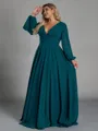 Opulent A-line V-Neck Long Sleeves Pleated Sweep Train Chiffon Corset Plus Size Bridesmaid Dress
