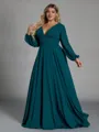 Opulent A-line V-Neck Long Sleeves Pleated Sweep Train Chiffon Corset Plus Size Bridesmaid Dress