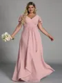 Enchanting A-line V-Neck Short Sleeves Pleated Floor-Length Chiffon Corset Plus Size Bridesmaid Dress