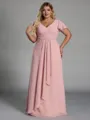 Enchanting A-line V-Neck Short Sleeves Pleated Floor-Length Chiffon Corset Plus Size Bridesmaid Dress