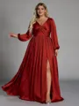 Stunning A-line V-Neck Long Sleeves Pleated Floor-Length Satin Chiffon Plus Size Bridesmaid Dress