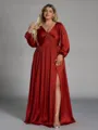 Stunning A-line V-Neck Long Sleeves Pleated Floor-Length Satin Chiffon Plus Size Bridesmaid Dress
