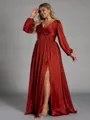 Stunning A-line V-Neck Long Sleeves Pleated Floor-Length Satin Chiffon Plus Size Bridesmaid Dress