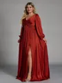 Stunning A-line V-Neck Long Sleeves Pleated Floor-Length Satin Chiffon Plus Size Bridesmaid Dress