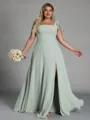 Grand A-line Straps Bow Floor-Length Chiffon Corset Plus Size Bridesmaid Dress