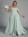 Unforgettable A-line Cold Shoulder Pleated Floor-Length Chiffon Plus Size Bridesmaid Dress