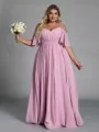 Charming A-line Cold Shoulder Short Sleeves Pleated Floor-Length Chiffon Plus Size Bridesmaid Dress