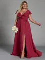 Fashion A-line V-Neck Short Sleeves Sash/Ribbon/Belt Floor-Length Chiffon Plus Size Bridesmaid Dress