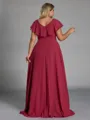 Fashion A-line V-Neck Short Sleeves Sash/Ribbon/Belt Floor-Length Chiffon Plus Size Bridesmaid Dress