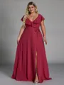 Fashion A-line V-Neck Short Sleeves Sash/Ribbon/Belt Floor-Length Chiffon Plus Size Bridesmaid Dress