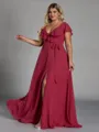 Fashion A-line V-Neck Short Sleeves Sash/Ribbon/Belt Floor-Length Chiffon Plus Size Bridesmaid Dress