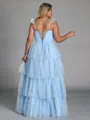 Pretty A-line Straps Cascading Ruffles Floor-Length Tulle Corset Plus Size Bridesmaid Dress