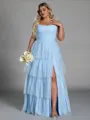 Pretty A-line Straps Cascading Ruffles Floor-Length Tulle Corset Plus Size Bridesmaid Dress
