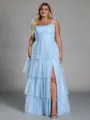 Pretty A-line Straps Cascading Ruffles Floor-Length Tulle Corset Plus Size Bridesmaid Dress