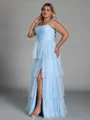 Pretty A-line Straps Cascading Ruffles Floor-Length Tulle Corset Plus Size Bridesmaid Dress