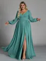 Fashion-forward A-line V-Neck Long Sleeves Pleated Floor-Length Chiffon Plus Size Bridesmaid Dress