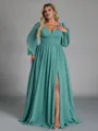 Fashion-forward A-line V-Neck Long Sleeves Pleated Floor-Length Chiffon Plus Size Bridesmaid Dress