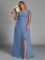 Splendiferous A-line Square Short Sleeves Floor-Length Chiffon Plus Size Bridesmaid Dress