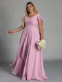 Exquisite A-line V-Neck Short Sleeves Ruffles Floor-Length Chiffon Plus Size Bridesmaid Dress