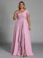 Exquisite A-line V-Neck Short Sleeves Ruffles Floor-Length Chiffon Plus Size Bridesmaid Dress