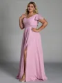 Exquisite A-line V-Neck Short Sleeves Ruffles Floor-Length Chiffon Plus Size Bridesmaid Dress