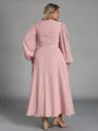 Delicate A-line V-Neck Long Sleeves Ruffles Tea-Length Chiffon Corset Plus Size Bridesmaid Dress