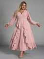 Delicate A-line V-Neck Long Sleeves Ruffles Tea-Length Chiffon Corset Plus Size Bridesmaid Dress