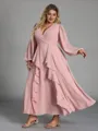 Delicate A-line V-Neck Long Sleeves Ruffles Tea-Length Chiffon Corset Plus Size Bridesmaid Dress