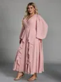 Delicate A-line V-Neck Long Sleeves Ruffles Tea-Length Chiffon Corset Plus Size Bridesmaid Dress