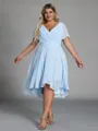 Splendid A-line V-Neck Short Sleeves Pleated Asymmetrical Chiffon Corset Plus Size Bridesmaid Dress
