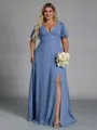 Extravagant A-line V-Neck Short Sleeves Pleated Floor-Length Chiffon Corset Plus Size Bridesmaid Dress