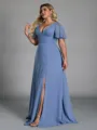Extravagant A-line V-Neck Short Sleeves Pleated Floor-Length Chiffon Corset Plus Size Bridesmaid Dress