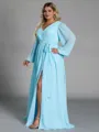 Elegant A-line V-Neck Long Sleeves Sash/Ribbon/Belt Floor-Length Chiffon Plus Size Bridesmaid Dress