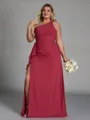 Captivating Sheath One-Shoulder Ruffles Floor-Length Chiffon Corset Plus Size Bridesmaid Dress
