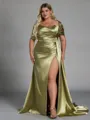 Elegant Sheath Off-the-Shoulder Pleated Court Train Silk Like Satin Corset Plus Size Bridesmaid Dress