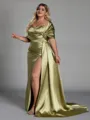 Elegant Sheath Off-the-Shoulder Pleated Court Train Silk Like Satin Corset Plus Size Bridesmaid Dress