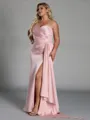 Unique Sheath One-Shoulder Pleated Floor-Length NS Elastic Woven Satin Corset Plus Size Bridesmaid Dress