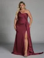 Unique Sheath One-Shoulder Pleated Floor-Length NS Elastic Woven Satin Corset Plus Size Bridesmaid Dress