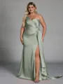 Unique Sheath One-Shoulder Pleated Floor-Length NS Elastic Woven Satin Corset Plus Size Bridesmaid Dress