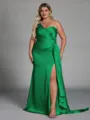 Unique Sheath One-Shoulder Pleated Floor-Length NS Elastic Woven Satin Corset Plus Size Bridesmaid Dress