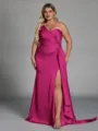 Unique Sheath One-Shoulder Pleated Floor-Length NS Elastic Woven Satin Corset Plus Size Bridesmaid Dress