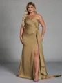 Unique Sheath One-Shoulder Pleated Floor-Length NS Elastic Woven Satin Corset Plus Size Bridesmaid Dress