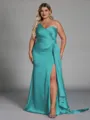 Unique Sheath One-Shoulder Pleated Floor-Length NS Elastic Woven Satin Corset Plus Size Bridesmaid Dress