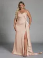 Unique Sheath One-Shoulder Pleated Floor-Length NS Elastic Woven Satin Corset Plus Size Bridesmaid Dress