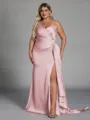 Unique Sheath One-Shoulder Pleated Floor-Length NS Elastic Woven Satin Corset Plus Size Bridesmaid Dress