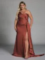 Unique Sheath One-Shoulder Pleated Floor-Length NS Elastic Woven Satin Corset Plus Size Bridesmaid Dress