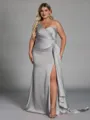 Unique Sheath One-Shoulder Pleated Floor-Length NS Elastic Woven Satin Corset Plus Size Bridesmaid Dress