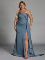 Unique Sheath One-Shoulder Pleated Floor-Length NS Elastic Woven Satin Corset Plus Size Bridesmaid Dress