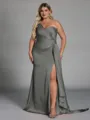 Unique Sheath One-Shoulder Pleated Floor-Length NS Elastic Woven Satin Corset Plus Size Bridesmaid Dress