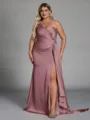 Unique Sheath One-Shoulder Pleated Floor-Length NS Elastic Woven Satin Corset Plus Size Bridesmaid Dress